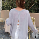 DAZY Sweater De Punto Suelto De Color Solido Con Mangas Largas, Cuello Redondo, Diseno De Espalda Abierta Y Correas Para Atar
