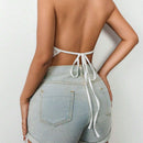 Top Sin Mangas De Tetura Para Mujer Con Dobladillo Irregular Estilo Halter