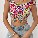 VCAY Top Corto Con Fruncido De Moda Para Mujer Con Estampado Aleatorio
