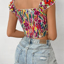 VCAY Top Corto Con Fruncido De Moda Para Mujer Con Estampado Aleatorio