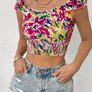 VCAY Top Corto Con Fruncido De Moda Para Mujer Con Estampado Aleatorio