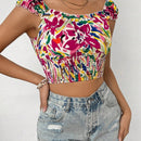 VCAY Top Corto Con Fruncido De Moda Para Mujer Con Estampado Aleatorio