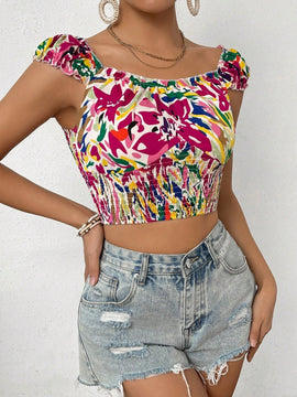 VCAY Top Corto Con Fruncido De Moda Para Mujer Con Estampado Aleatorio