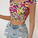 VCAY Top Corto Con Fruncido De Moda Para Mujer Con Estampado Aleatorio