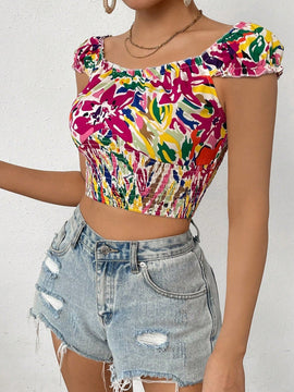 VCAY Top Corto Con Fruncido De Moda Para Mujer Con Estampado Aleatorio