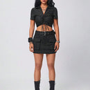Camisa Corta A Rayas Con Cuello Con Cordon
