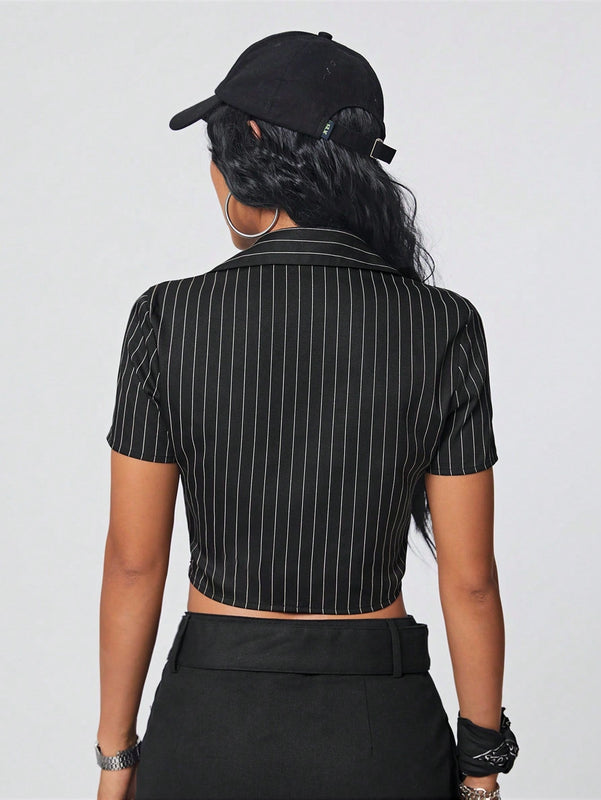 Coolane Camisa Corta A Rayas Con Cuello Con Cordon