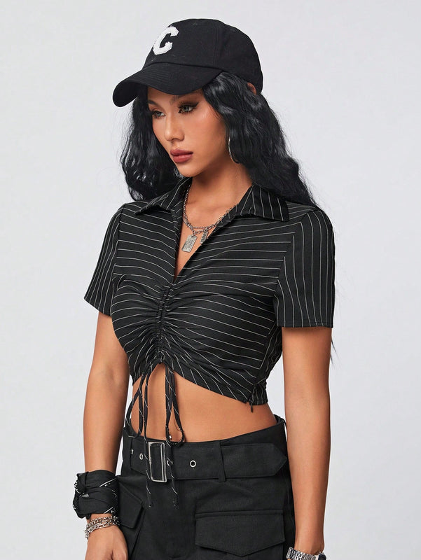 Coolane Camisa Corta A Rayas Con Cuello Con Cordon
