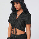 Camisa Corta A Rayas Con Cuello Con Cordon