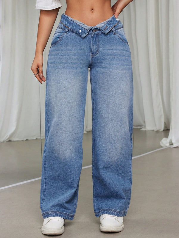 EZwear Pantalones De Mezclilla Femeninos De Cintura Alta Asimetricos