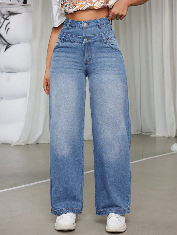 EZwear Pantalones De Mezclilla Femeninos De Cintura Alta Asimetricos