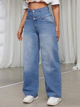EZwear Pantalones De Mezclilla Femeninos De Cintura Alta Asimetricos