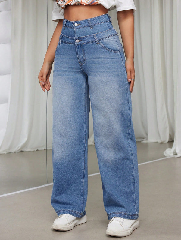 EZwear Pantalones De Mezclilla Femeninos De Cintura Alta Asimetricos