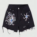 ROMWE Goth Pantalones Cortos De Mezclilla Para Mujer Con Dobladillo Deshilachado Y Estampado Abstracto