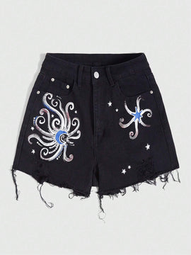 ROMWE Goth Pantalones Cortos De Mezclilla Para Mujer Con Dobladillo Deshilachado Y Estampado Abstracto
