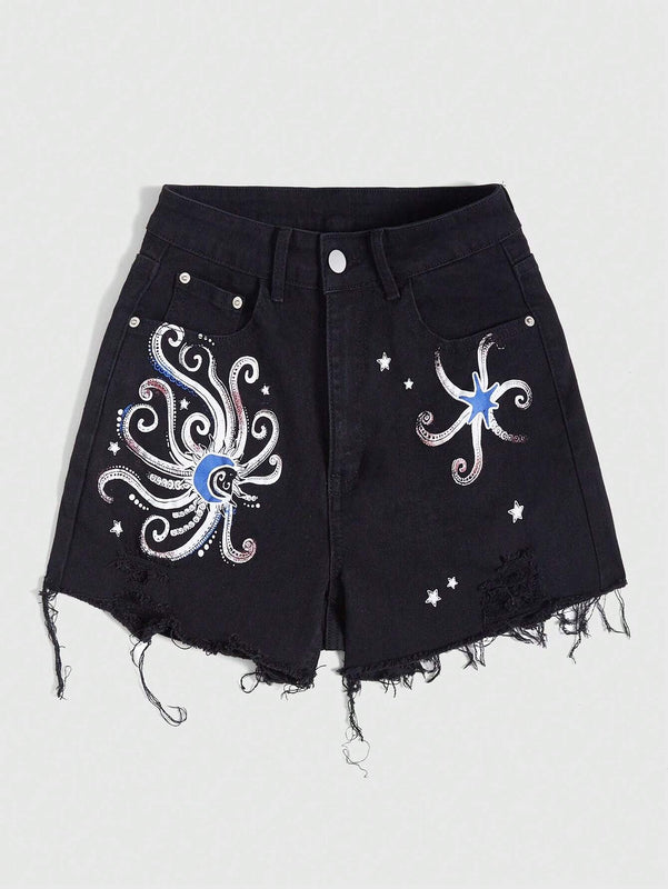 ROMWE Goth Pantalones Cortos De Mezclilla Para Mujer Con Dobladillo Deshilachado Y Estampado Abstracto