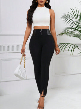 Lady Pantalones De Pierna Ancha De Talle Alto Para Mujer Con Diseno De Abertura