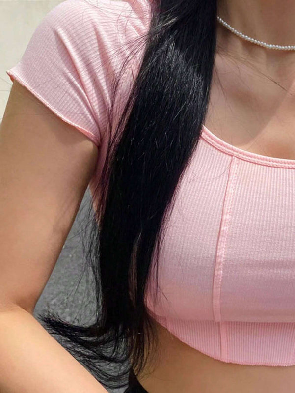 Camiseta Corta De Color Liso Para Mujer