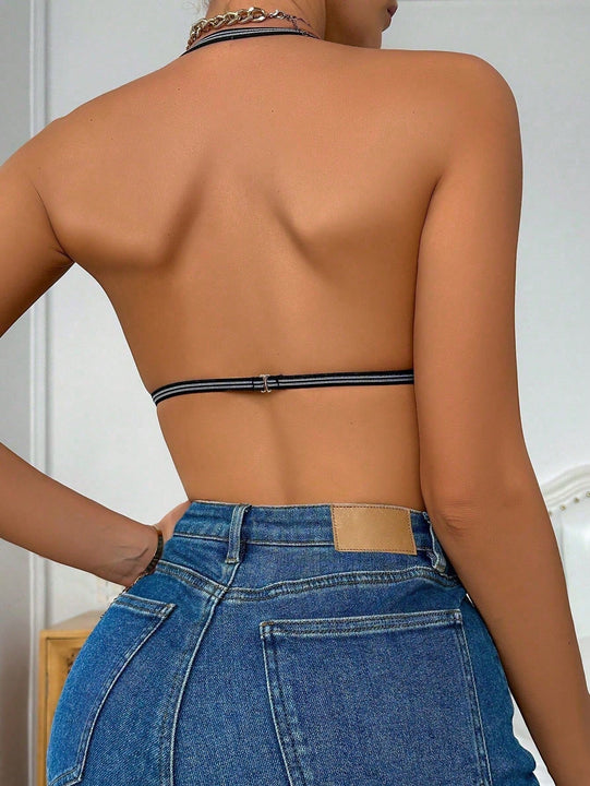 Sencillo Bra Sin Costuras De Pipping, Comodo Y Transpirable Bra Sin Respaldo De Cuello Halter Acanalado, Lenceria Y Ropa Interior Para Mujeres