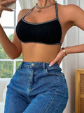 Sencillo Bra Sin Costuras De Pipping, Comodo Y Transpirable Bra Sin Respaldo De Cuello Halter Acanalado, Lenceria Y Ropa Interior Para Mujeres