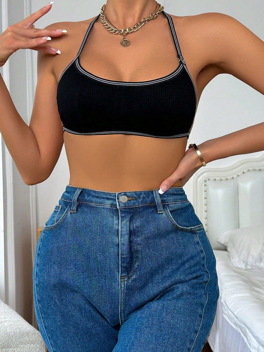 Sencillo Bra Sin Costuras De Pipping, Comodo Y Transpirable Bra Sin Respaldo De Cuello Halter Acanalado, Lenceria Y Ropa Interior Para Mujeres