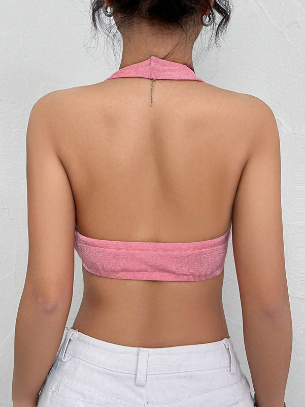 Top irregular con cuello halter para mujer con anillo de metal y tela de tejido brillante con brillo