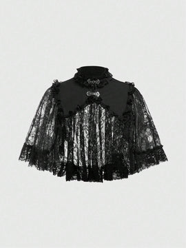 ROMWE Goth Estilo Gotico Del Palacio, Cuello Alto, Parte Superior Tipo Capa Con Encaje Para Mujeres