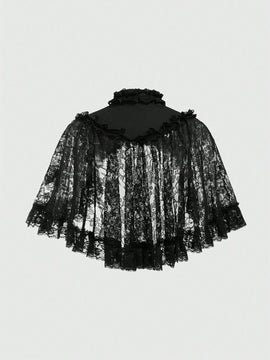 ROMWE Goth Estilo Gotico Del Palacio, Cuello Alto, Parte Superior Tipo Capa Con Encaje Para Mujeres