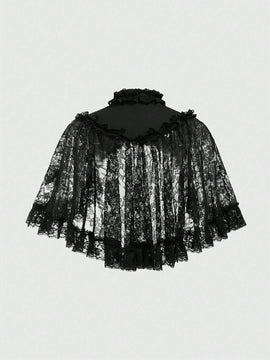 ROMWE Goth Estilo Gotico Del Palacio, Cuello Alto, Parte Superior Tipo Capa Con Encaje Para Mujeres
