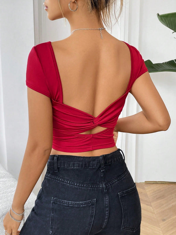 Camiseta De Manga Corta De Nudo Trasero Para Mujer