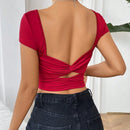 Camiseta De Manga Corta De Nudo Trasero Para Mujer