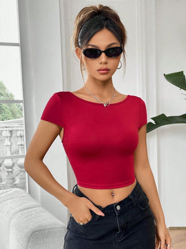Camiseta De Manga Corta De Nudo Trasero Para Mujer