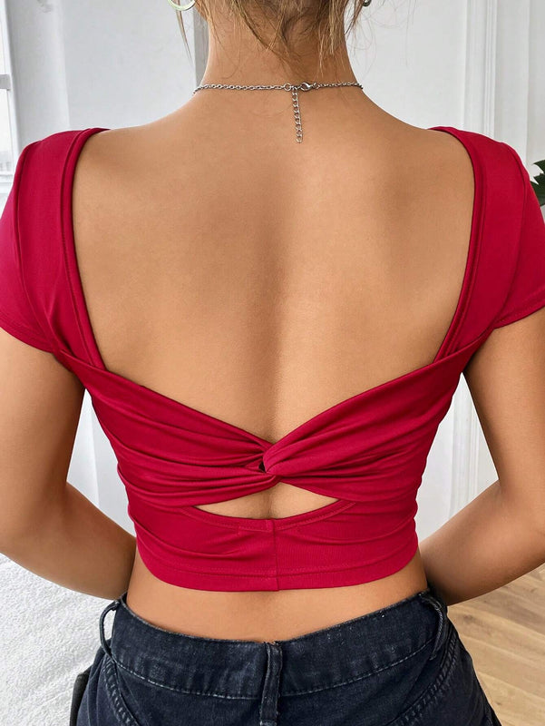 Camiseta De Manga Corta De Nudo Trasero Para Mujer
