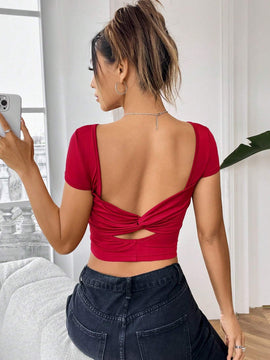 Camiseta De Manga Corta De Nudo Trasero Para Mujer