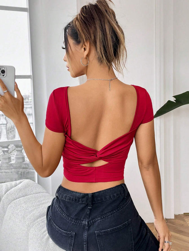 Camiseta De Manga Corta De Nudo Trasero Para Mujer