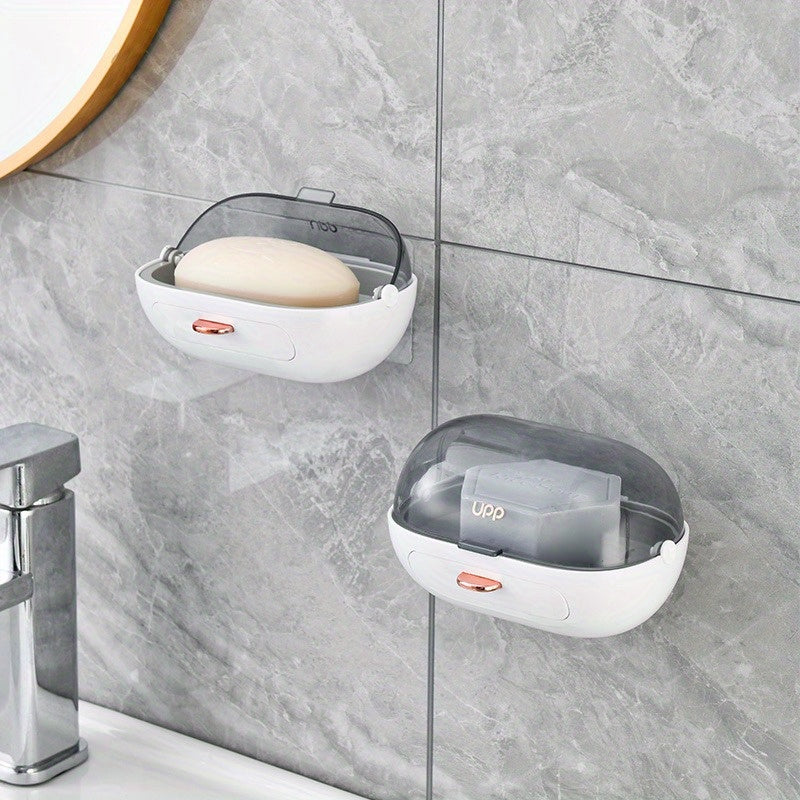 1 Pieza, Caja De Jabón Con Tapa Abatible, Caja Individual Montada En La Pared, Caja Sin Perforaciones, Accesorios De Baño, Almacenamiento Y Organización De Baño