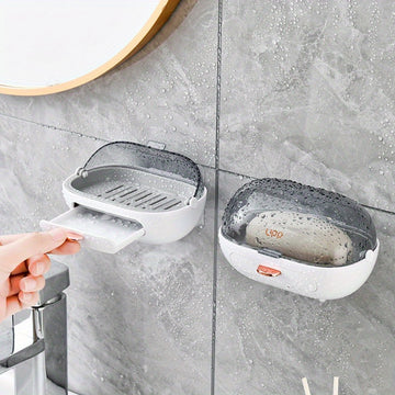 1 Pieza, Caja De Jabón Con Tapa Abatible, Caja Individual Montada En La Pared, Caja Sin Perforaciones, Accesorios De Baño, Almacenamiento Y Organización De Baño