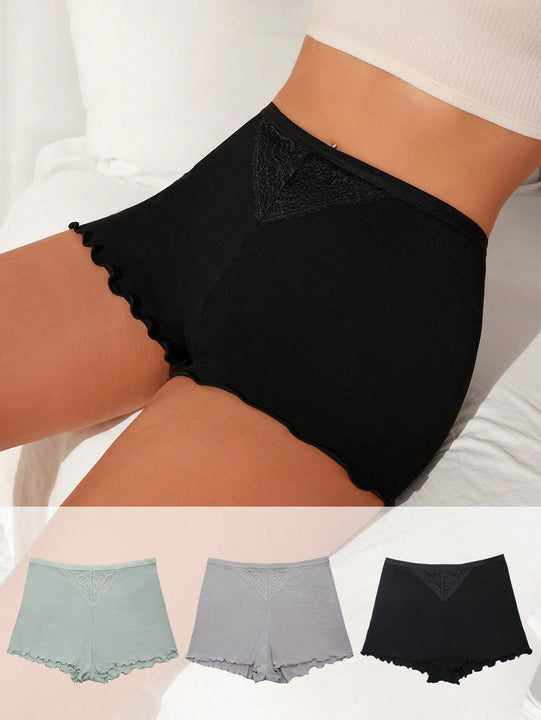 3 Piezas Shorts De Seguridad Con Ribete De Encaje Y Dobladillo Con Volante