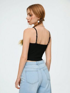 Qutie Top De Tanque Corto Para Mujer, Decorado Con Lazo Y Estampado De Letras
