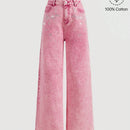 MOD Y2k Sweet Tea-break, Mujeres Pantalones Jeans De Pierna Ancha Rosa Con Decoracion De Estras.
