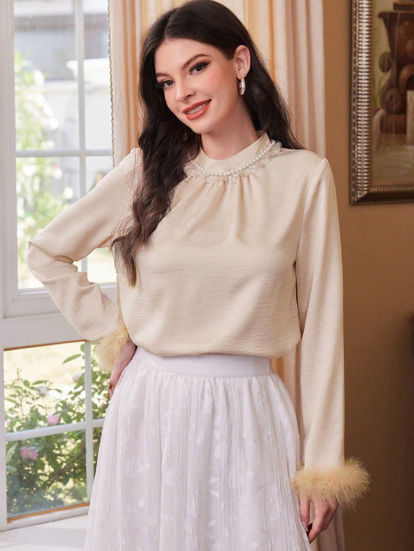 Modely Camisa De Cuello Alto De Color Solido Para Mujer Con Punos Peludos