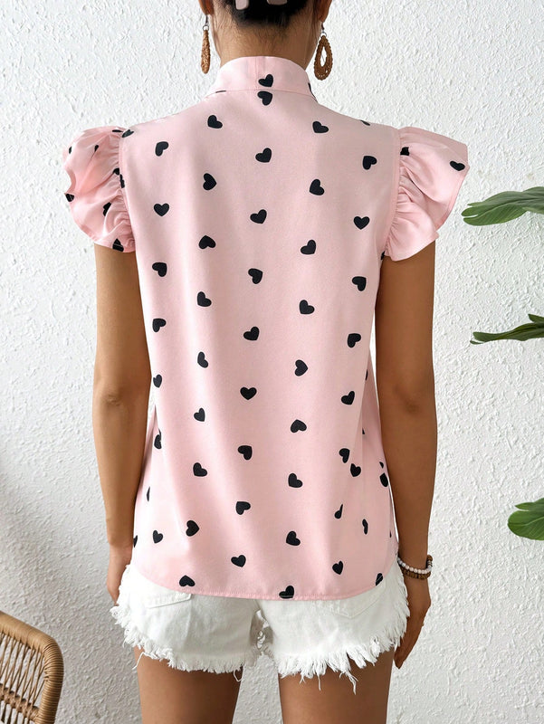 Frenchy Camisa De Mujer Con Estampado De Corazones Con Manga De Mariposa Y Lazo En Frente, Para Primavera/verano