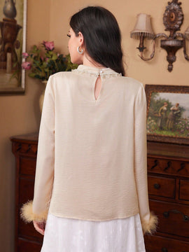 Modely Camisa De Cuello Alto De Color Solido Para Mujer Con Punos Peludos
