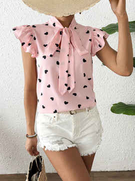 Frenchy Camisa De Mujer Con Estampado De Corazones Con Manga De Mariposa Y Lazo En Frente, Para Primavera/verano