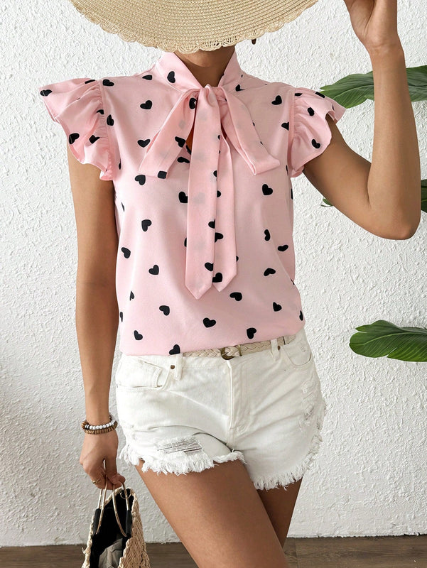 Frenchy Camisa De Mujer Con Estampado De Corazones Con Manga De Mariposa Y Lazo En Frente, Para Primavera/verano