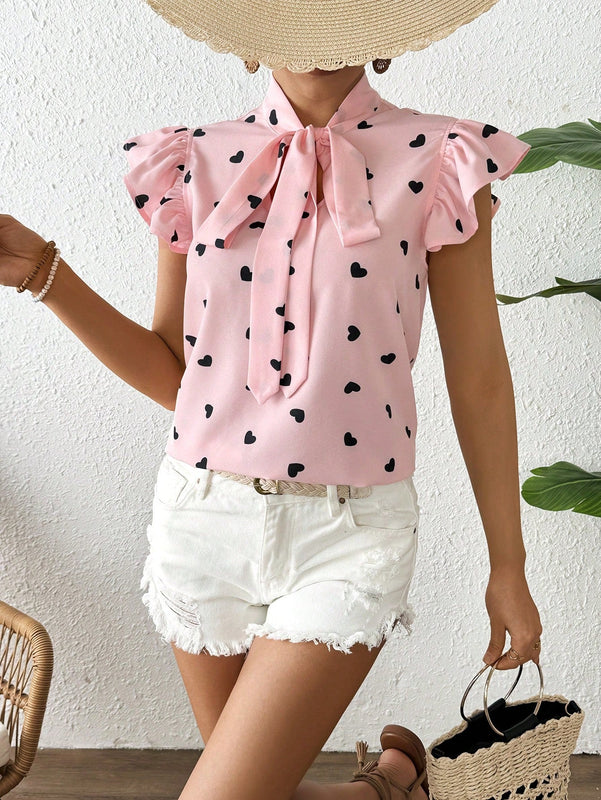 Frenchy Camisa De Mujer Con Estampado De Corazones Con Manga De Mariposa Y Lazo En Frente, Para Primavera/verano