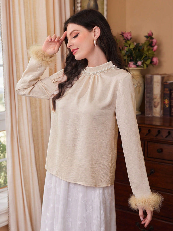 Modely Camisa De Cuello Alto De Color Solido Para Mujer Con Punos Peludos