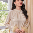 Modely Camisa De Cuello Alto De Color Solido Para Mujer Con Punos Peludos