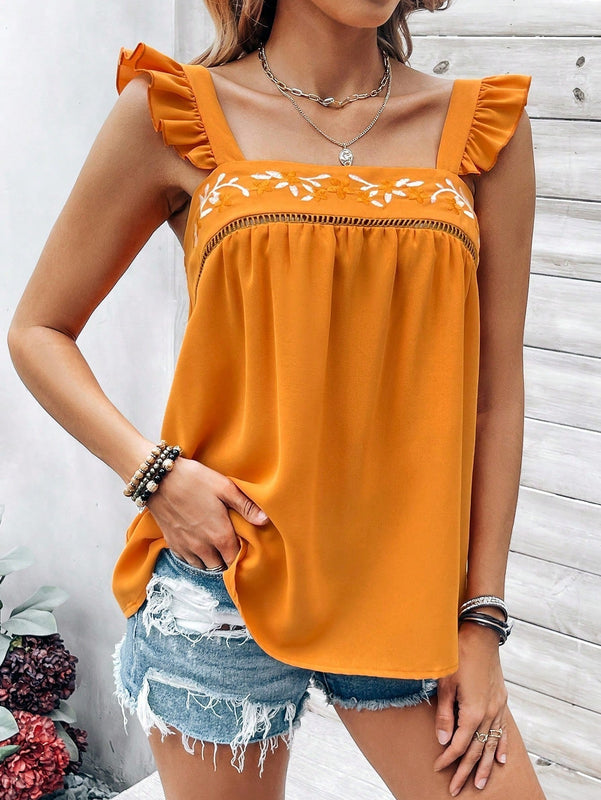 VCAY Camisa Corta De Manga Voladora De Mujer Con Bordado Floral