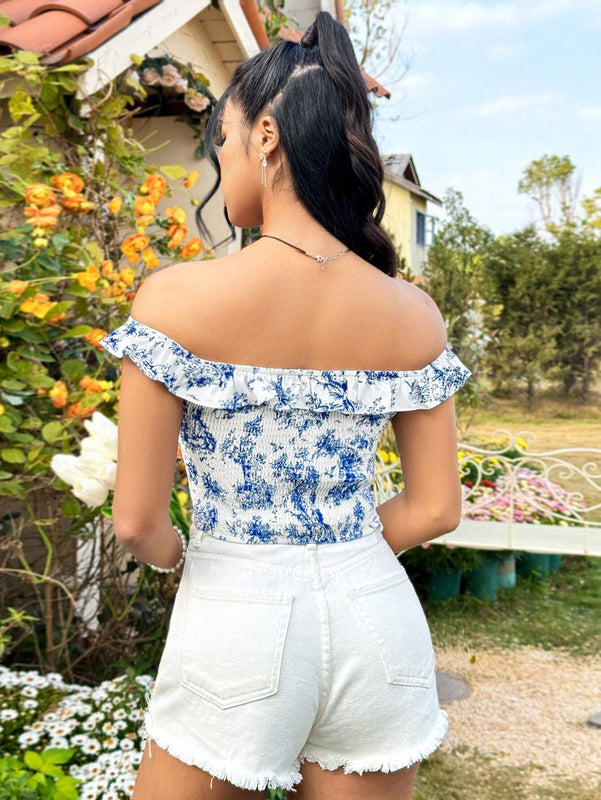 Blusa Corta De Hombros Descubiertos Con Retrato Impreso Para Mujer